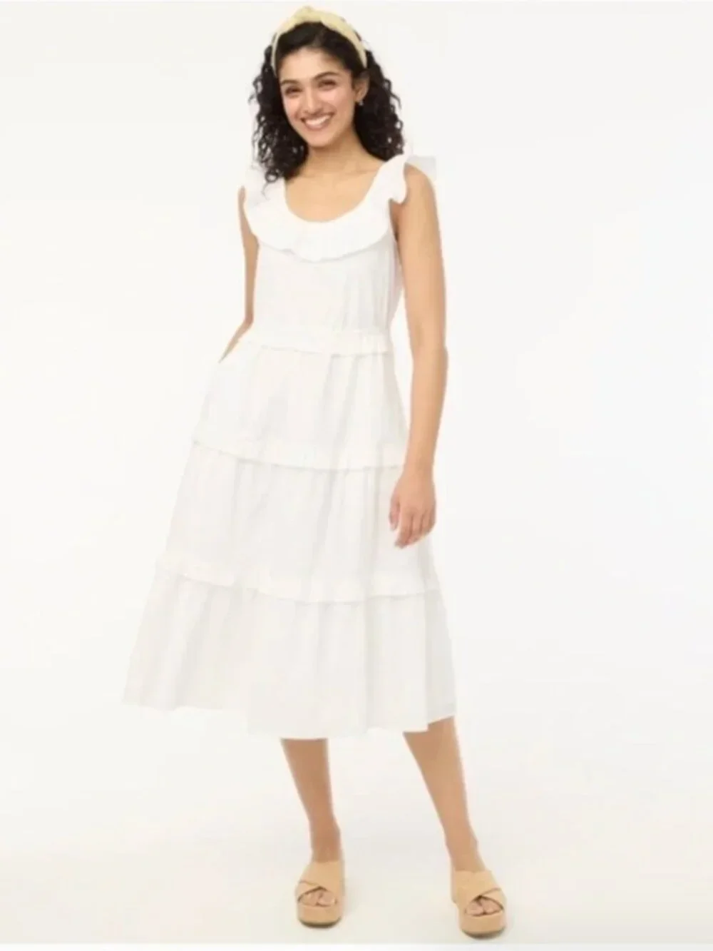J. Crew White Swiss Dot Printed Ruffle Tiered Midi Dress w Tie Back - Size 20